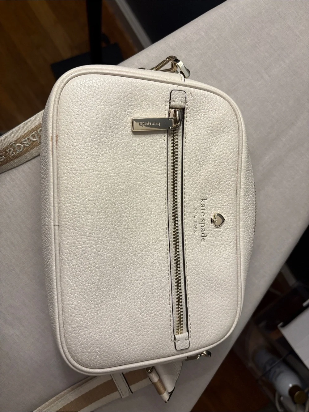kate spade Cream Pebbled Leather Crossbody with Striped Strap